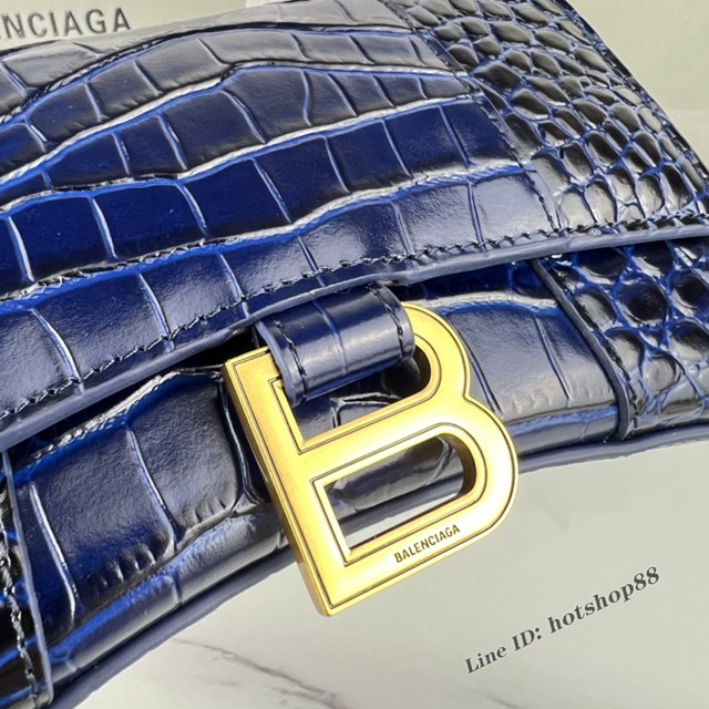 Balenciaga專櫃爆款寶藍鱷魚紋金扣手提女包 巴黎世家原廠xs號Hourglass沙漏包 款號：8896 fyj1190